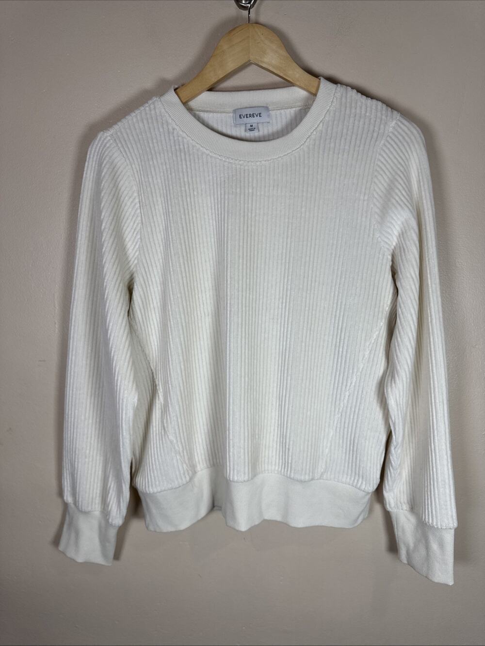 EVEREVE Womens Crewneck Sweater Rib Knit M Texture Preppy Tennis Casual Cream